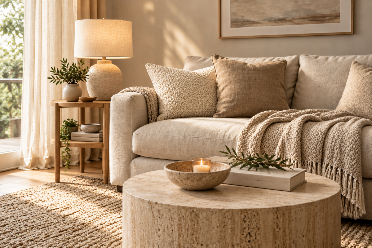 Warm neutral living room with layered beige textiles, ambient table lamp and natural wood accents
