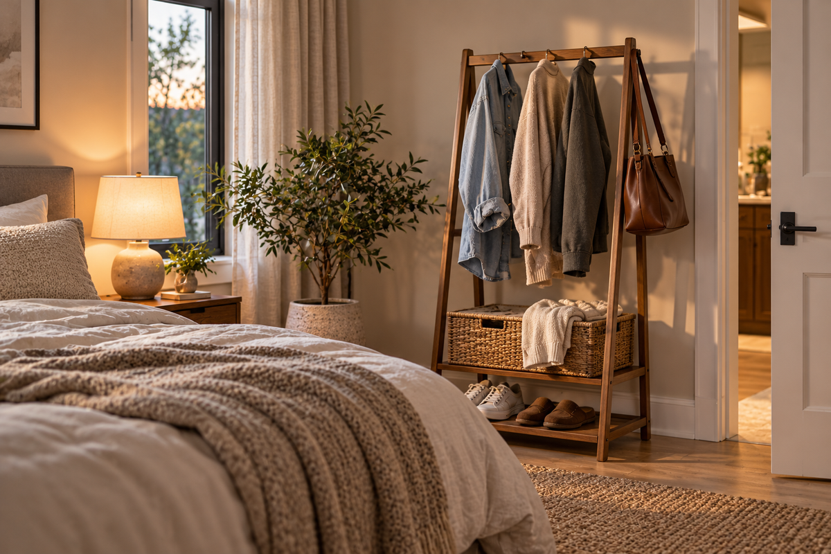 Warm contemporary bedroom with a wooden rewear rack for organizing clothes worn once but not ready to wash.