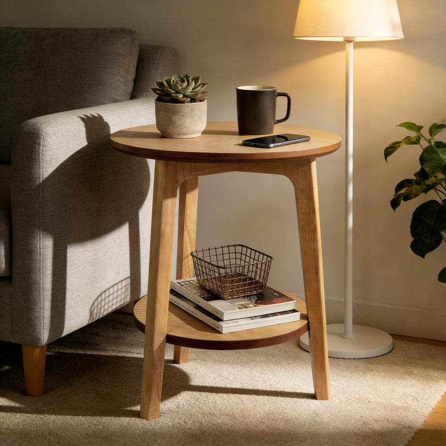 2-Tier Round Oak Side Table – 16"