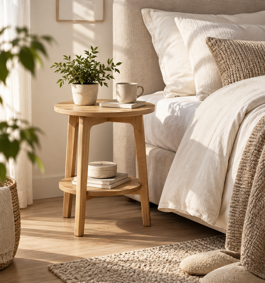 2-Tier Round Oak Side Table – 16"